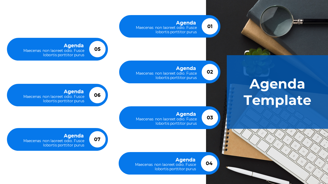 Seven blue agenda labels with numbers arranged vertically, next to a workspace with a keyboard, pen, and notebook.