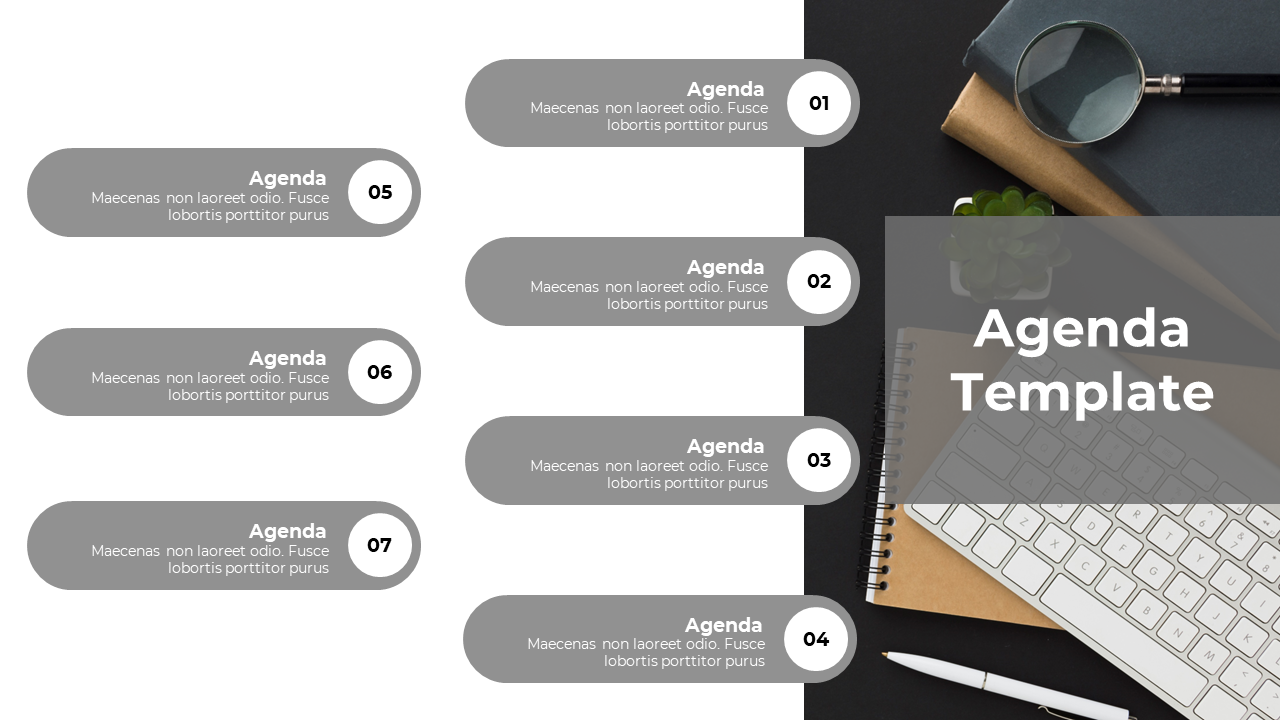 Gray agenda template with seven numbered sections from 01 to 07, each in rounded rectangles, next to a workspace background.