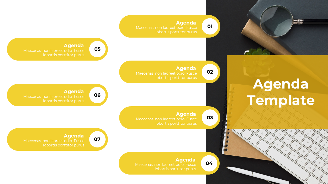 Agenda PowerPoint template with 8 numbered sections, each in a yellow text box and an image of a laptop and pen.