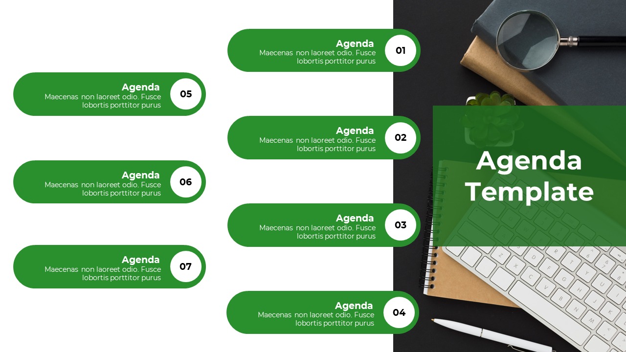 Sales planning meeting agenda slide layout showcasing key items from 01 to 07, set against a backdrop of office supplies.