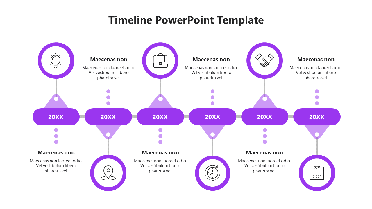 Purple themed timeline with circular icons and milestones, connected by a horizontal line and dots.