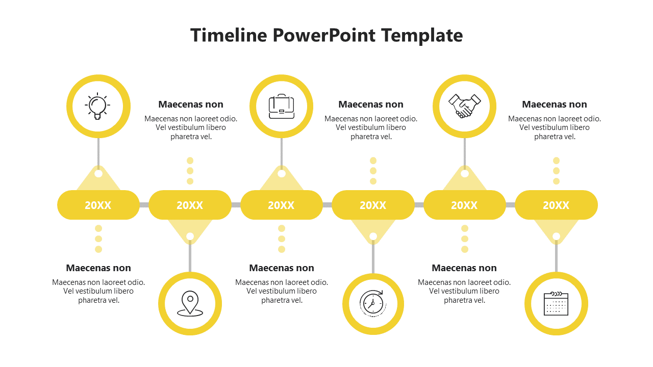 Timeline PPT template with a horizontal flow, featuring six key markers represented by icons and descriptions.