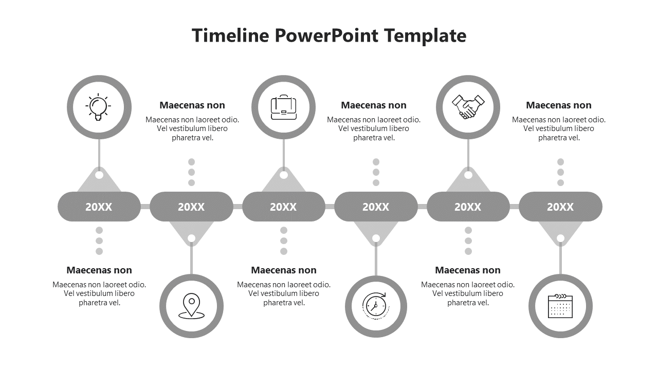 Gray timeline template featuring six circular icons with dotted connections, representing different milestones.