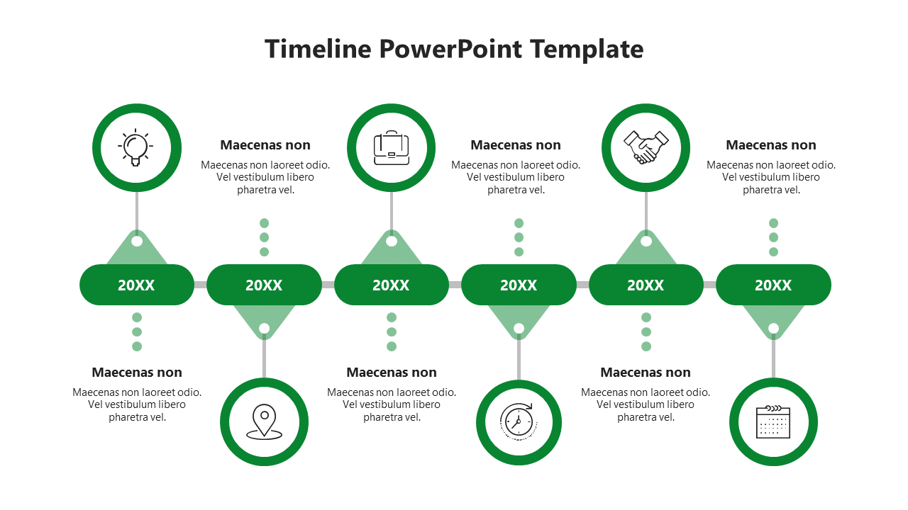 Horizontal timeline with green circular markers showing icons  with year and placeholders text.