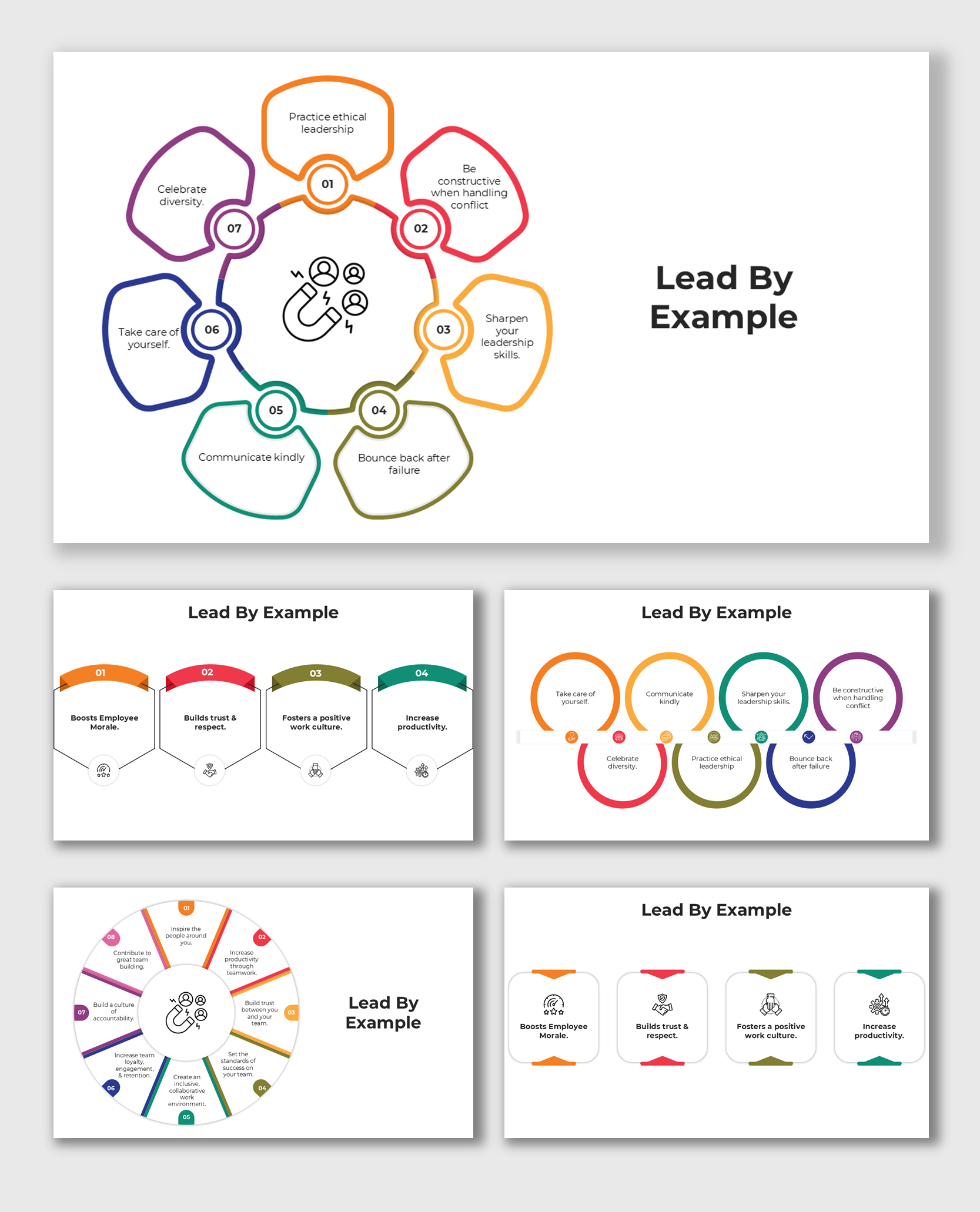 Lead By Example slides with colorful circular and diagram graphics featuring placeholder caption areas.