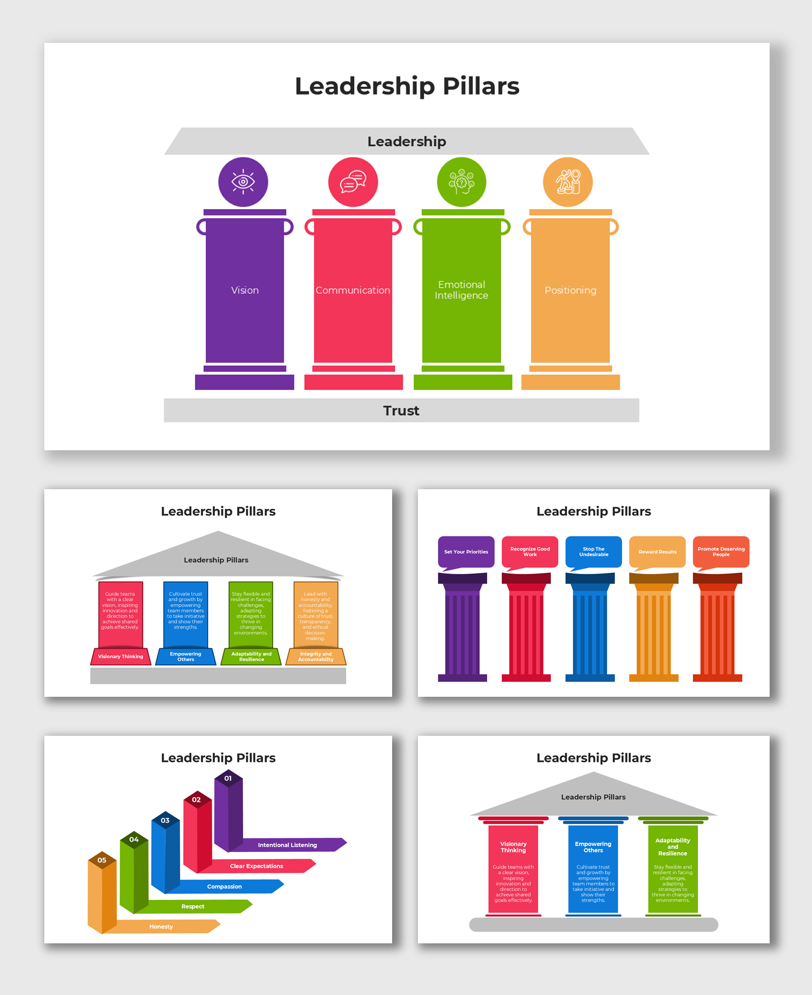 Leadership Pillars slides with colorful pillar graphics and placeholder captions for core values.