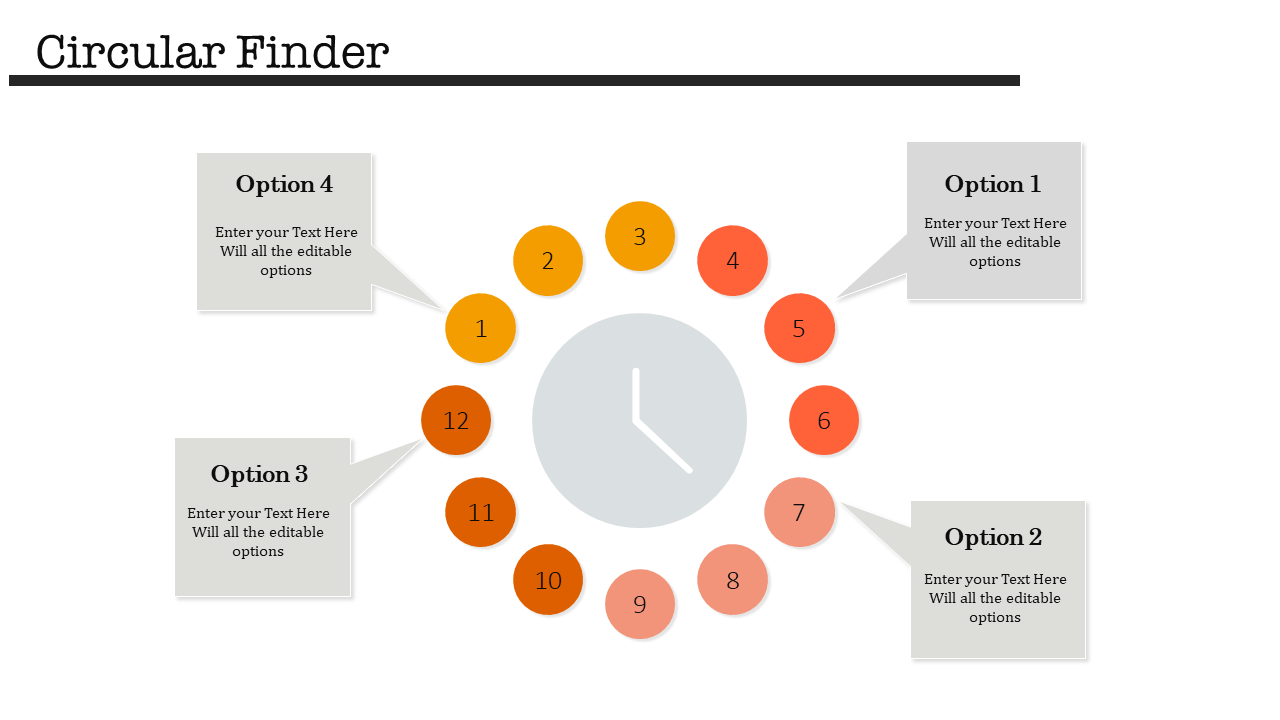 Clockthemed infographic with twelve orange gradient circles forming a circular layout around a clock with caption areas.