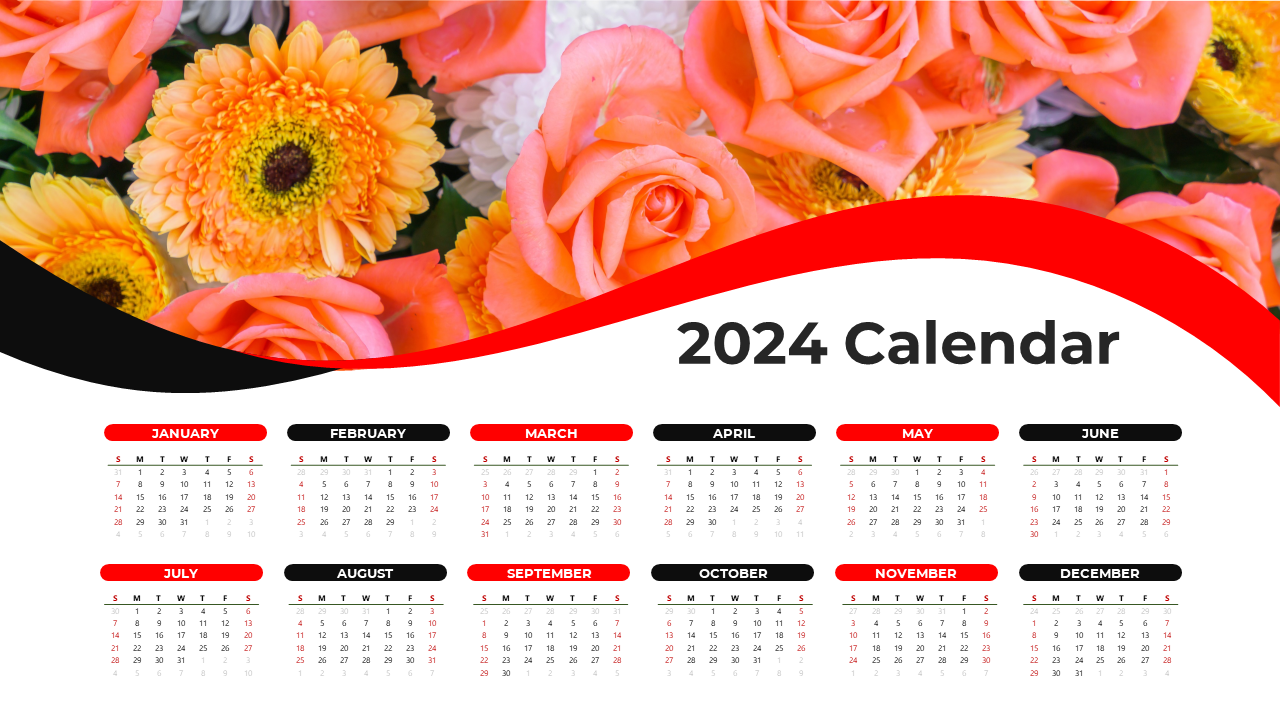 2024 calendar layout with red and black headers, floral background of orange and yellow flowers, and wavy design.