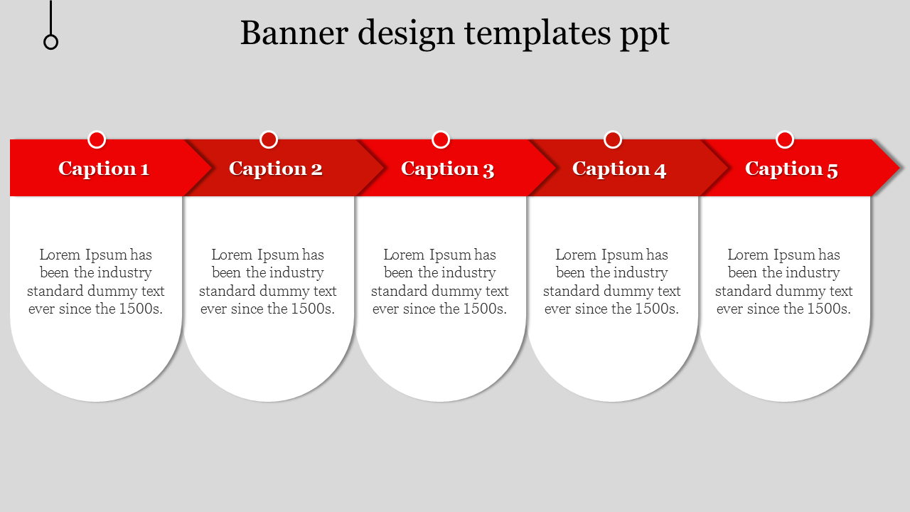 Red and white banner design PPT template with five sections for captions and placeholder text.