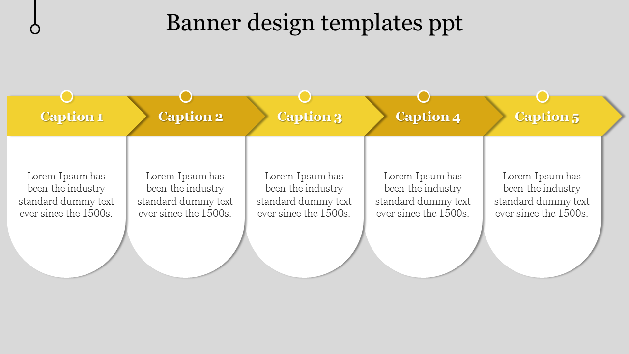 Five segmented banners with yellow headers and white content boxes, each labeled from caption 1 to 5.