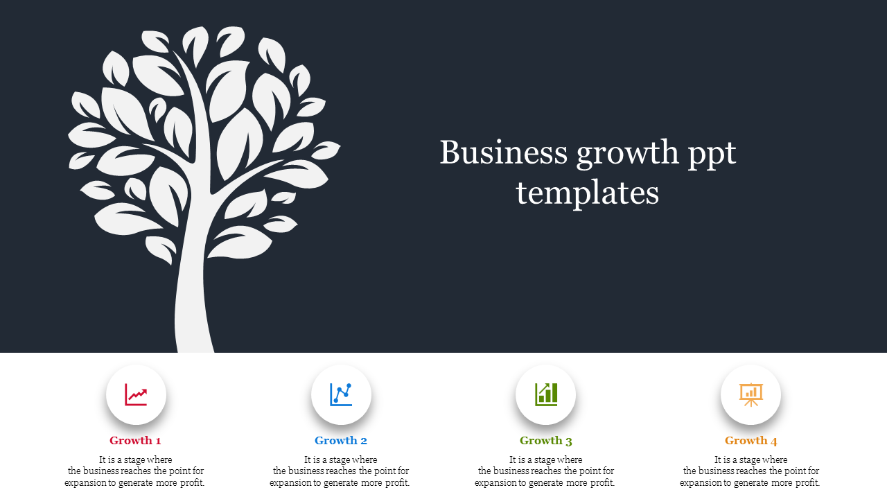 Visual representation of a business growth slide featuring a tree and four stages with icons and text captions.