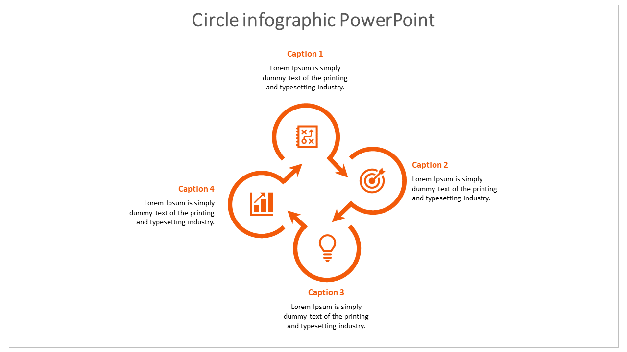 Circle infographic PowerPoint with four labeled sections connected by arrows with icons, representing a continuous process.