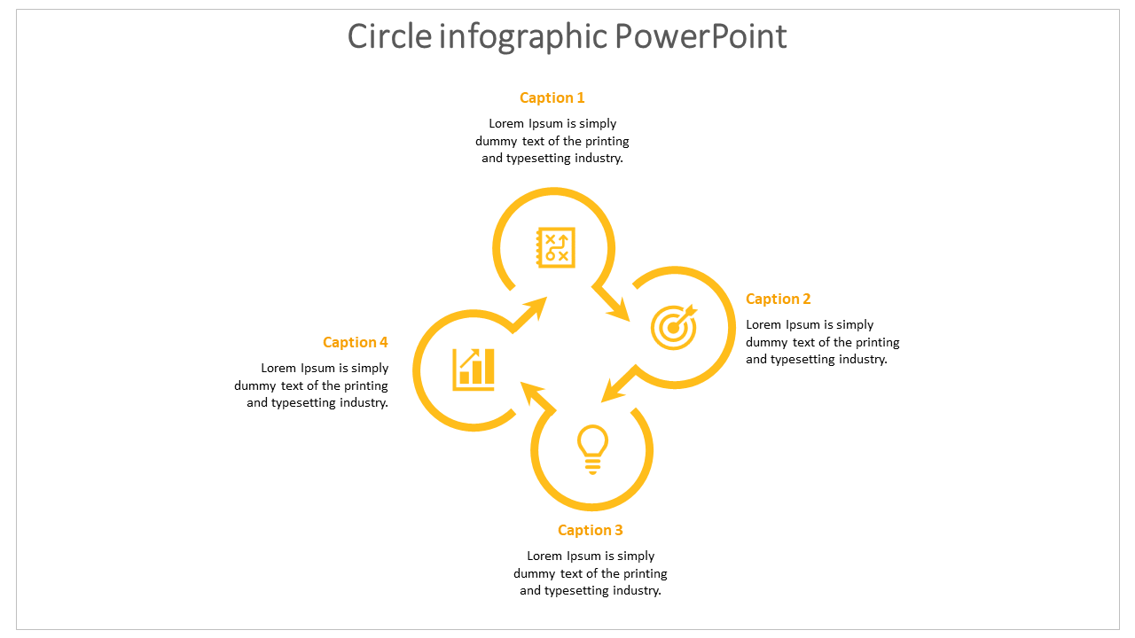 Yellow themed infographic with four circular segments connected in a loop, each with icon and text placeholder.