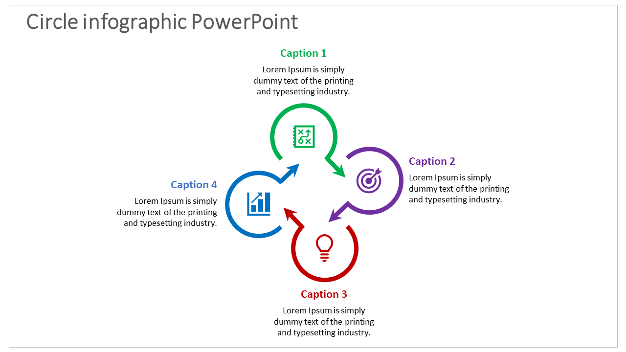 Circle infographic displaying interconnected stages, each with an icon and caption, illustrating concepts.