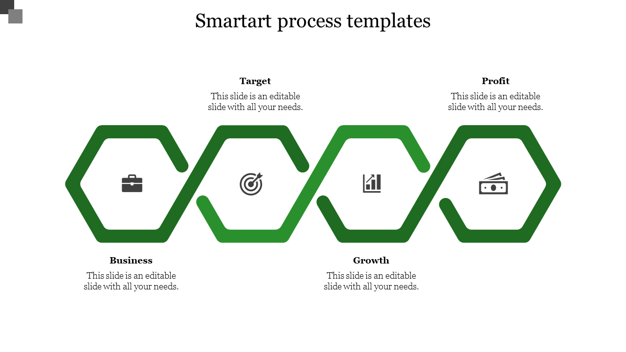 SmartArt process template showing a series of four green hexagons, each with icons along with placeholder text below.