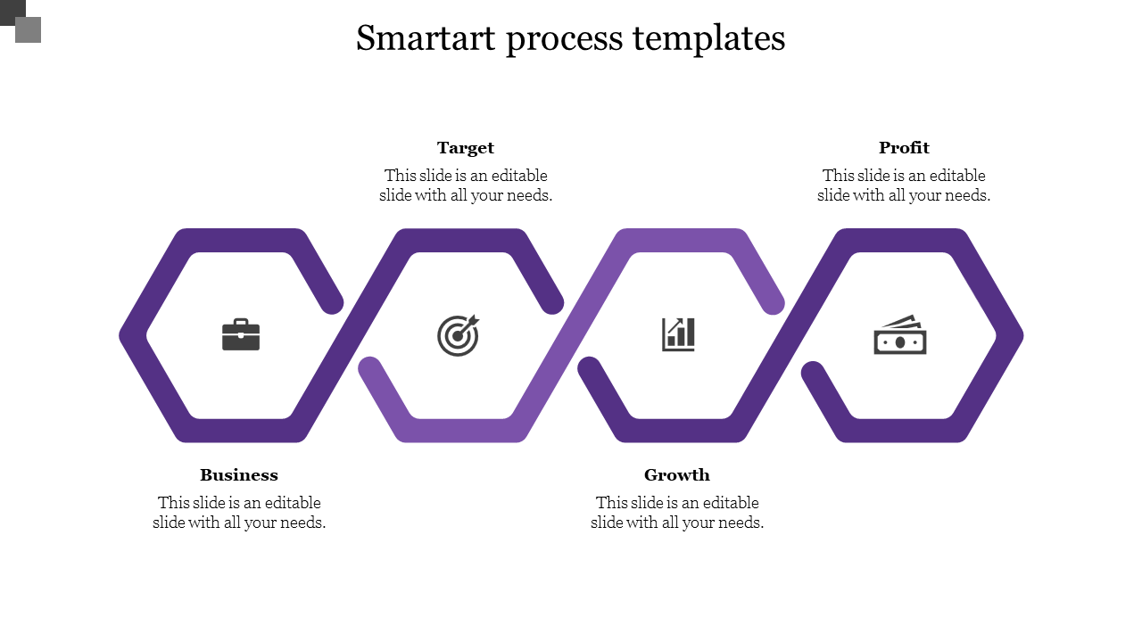 Simple layout with four connected purple hexagons on a white background, each containing icons and captions.