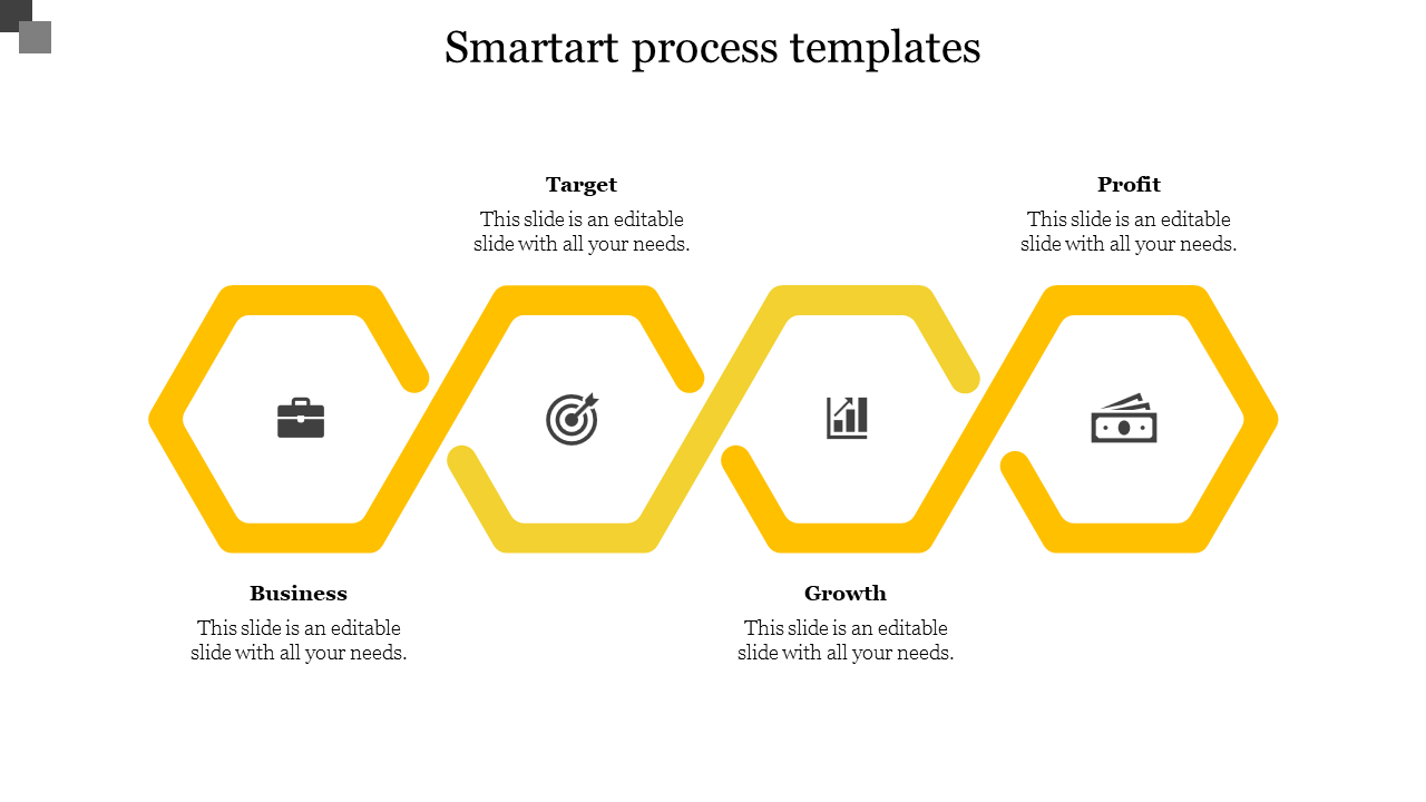 Four yellow outlined hexagonslinked in a horizontal row, each containing an icon representing different concepts.