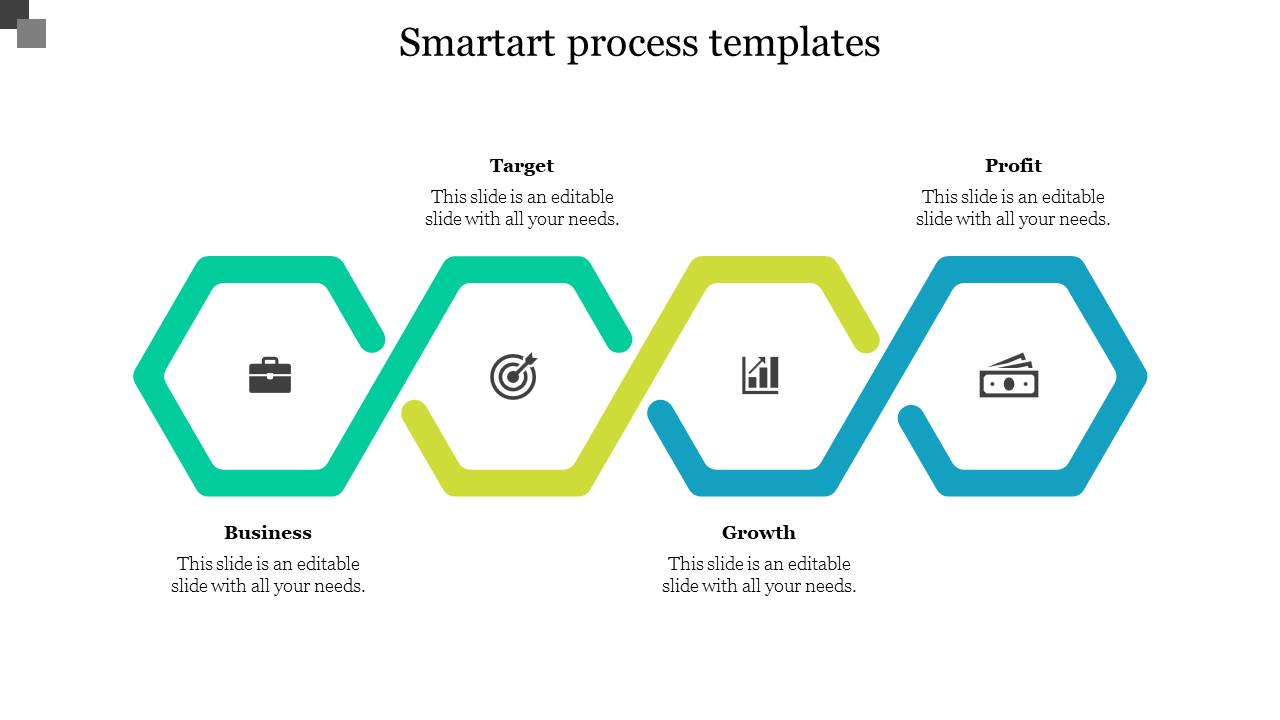 Slide featuring SmartArt process with illustration of colorful hexagon shapes and icons with title and caption areas.