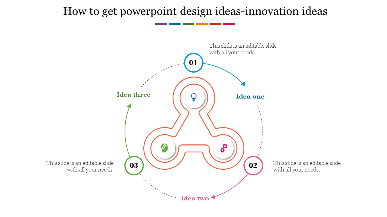 Creative PowerPoint slide showcasing a triangular cycle design labeled with Idea one, two, and three with icons.