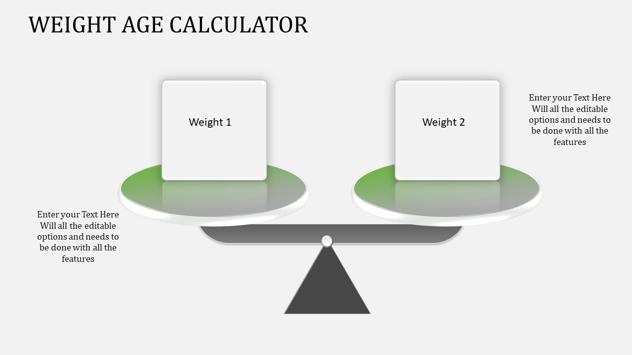 Slide with a balance scale featuring two labeled boxes on green platforms, with text on both sides.