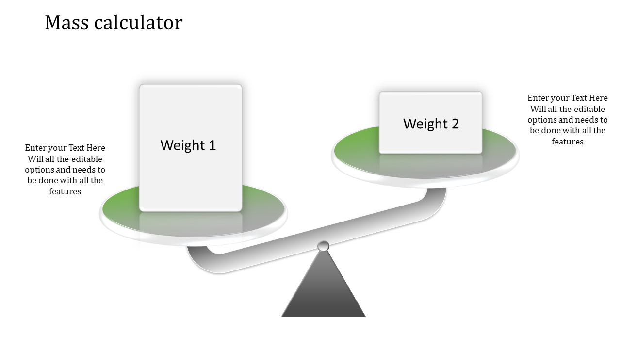 PowerPoint slide showcasing a mass calculator with a balanced scale diagram featuring labeled weights on green platforms.