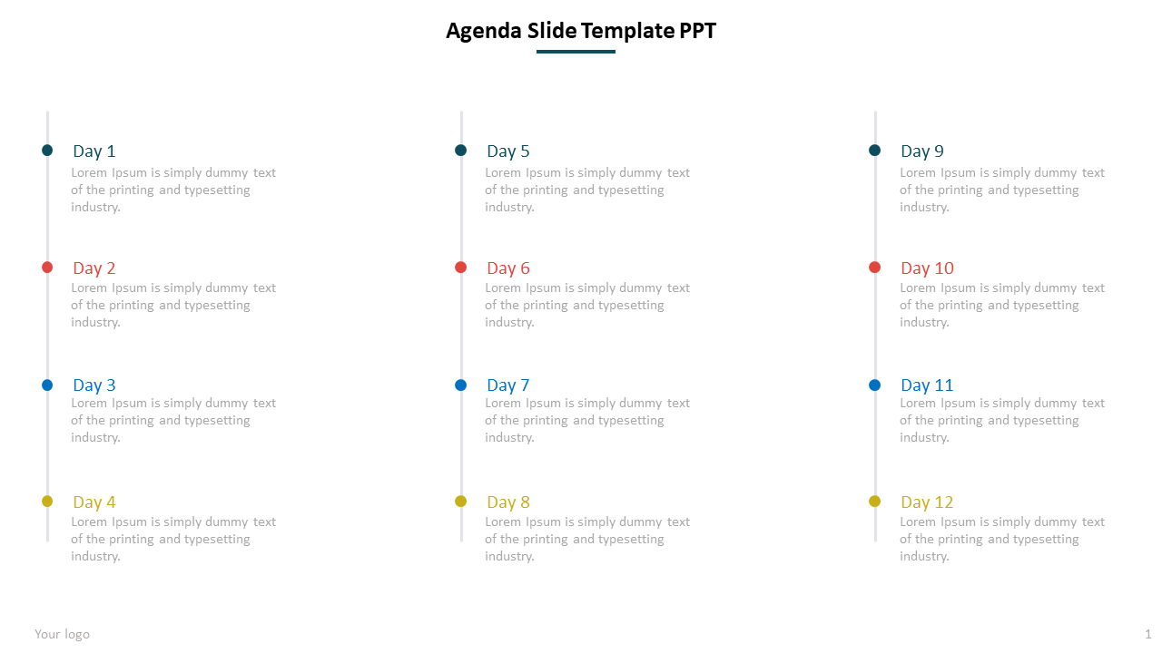 Agenda template with a twelve-day schedule, displaying text for each day in two columns, with colored bullet points.