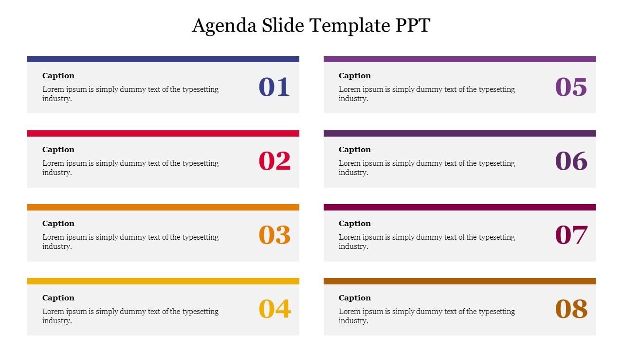 Multicolored Agenda Slide Template PPT and Google Slides