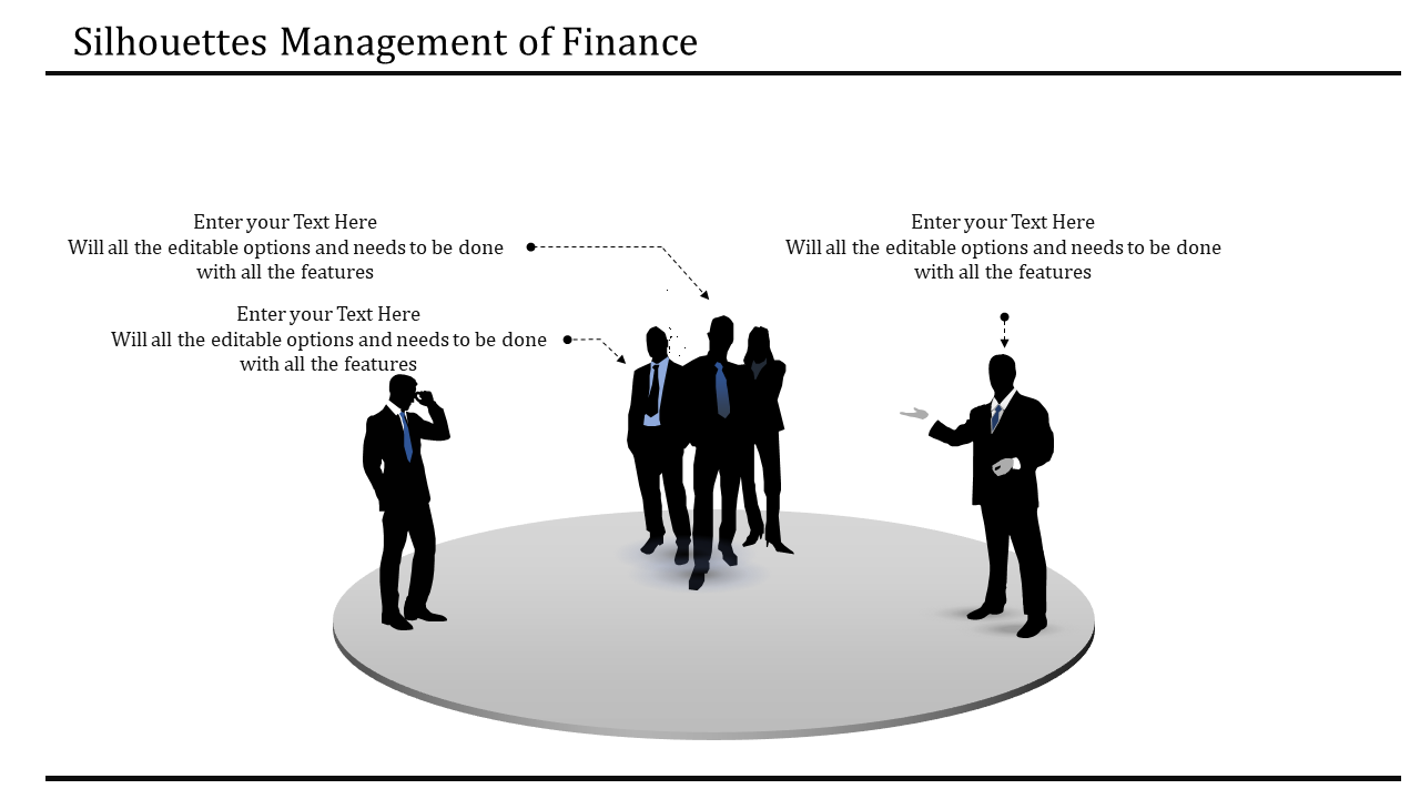 Silhouettes of business professionals on a gray circular platform, with arrows pointing to caption areas.