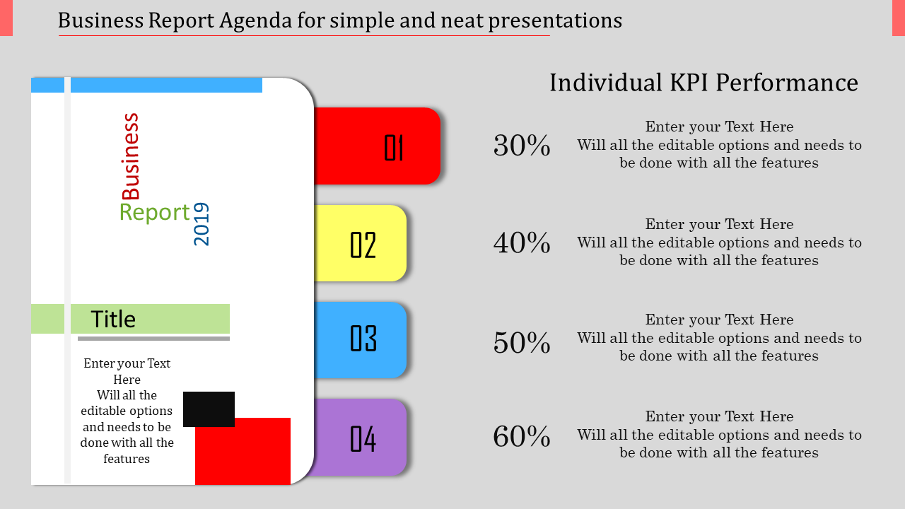 Business report agenda slide with a colorful tab design showcasing sections labeled 01 to 04 and KPI performance percentages.