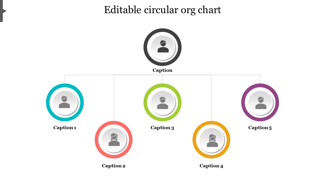 Circular organizational chart with five colored nodes connected by lines, featuring generic user icons and caption areas.