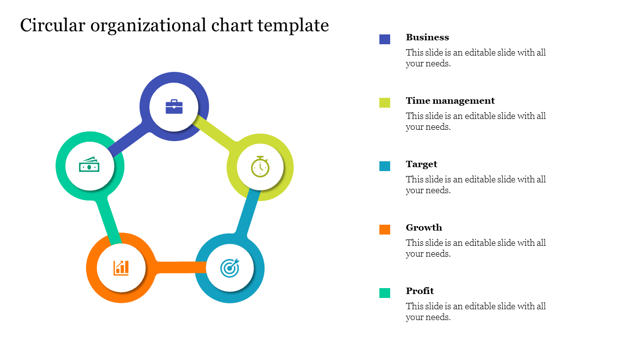 Circular organizational chart template with five interconnected icons representing business elements.