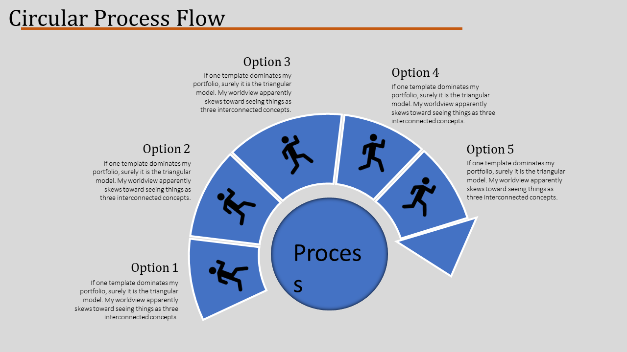 Circular process flow chart slide with five sections labeled Option 1 to 5, showing running figures moving along the stages.