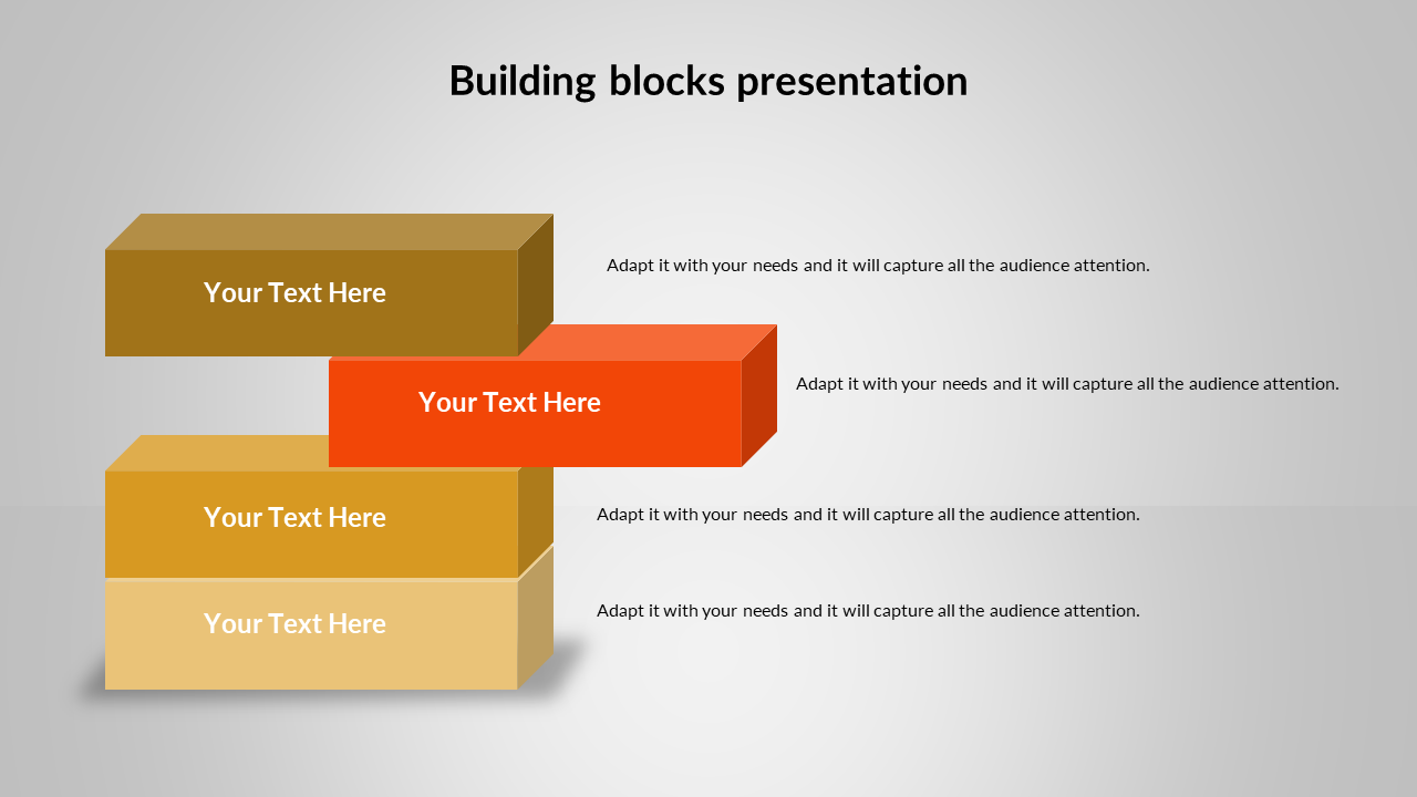 Building blocks slide with four stacked rectangular boxes in gold and red tones, arranged in a layered structure.