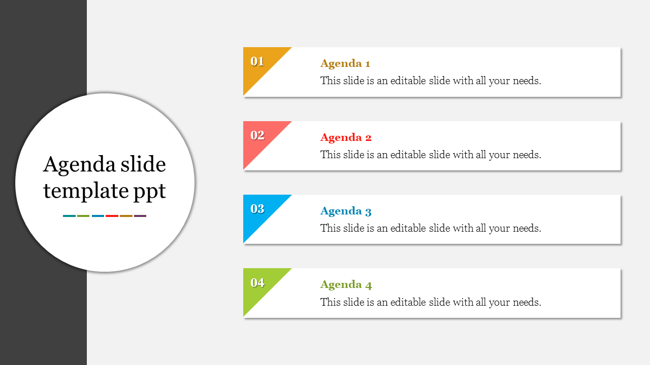 Vertical agenda slide with four numbered color-coded sections on the right and a circular title placeholder on the left.