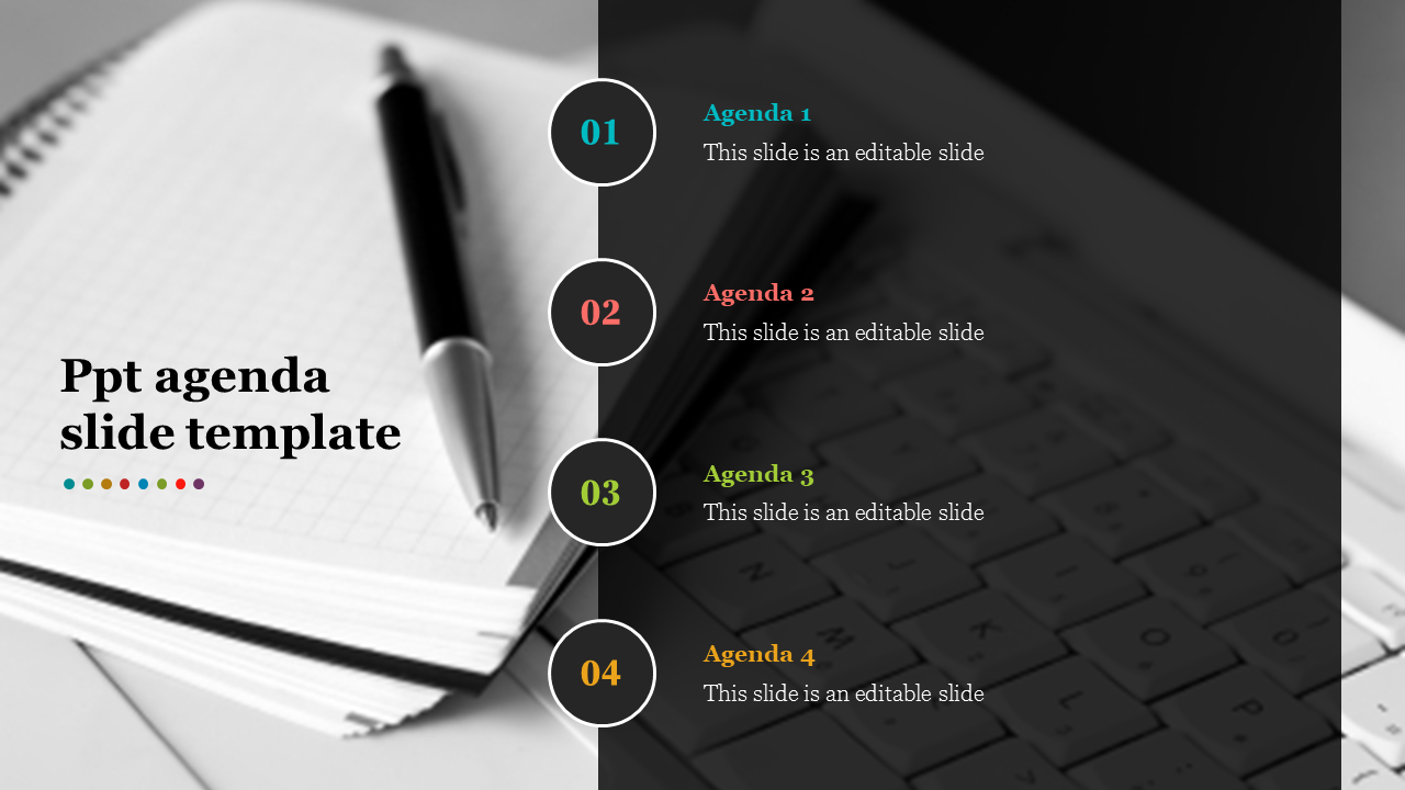 Agenda slide design with four numbered items, and a pen and notebook visual each with a caption areas.