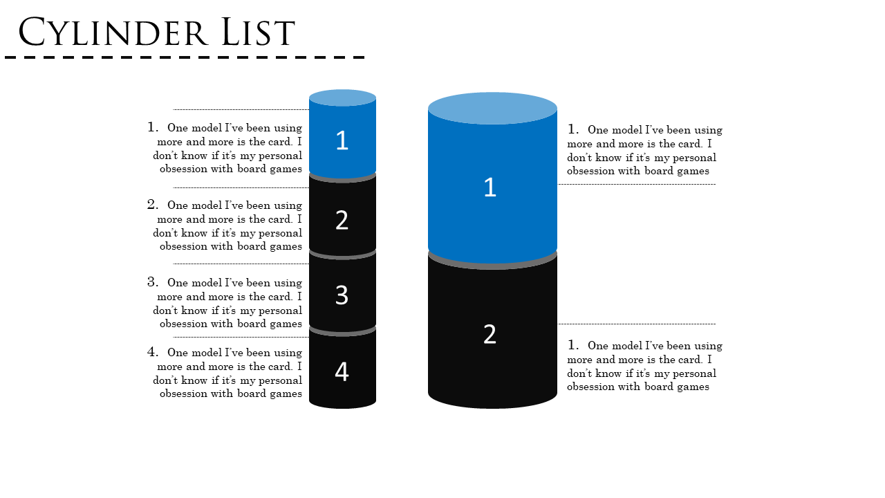 Business presentation slide featuring a cylinder diagram with four blocks and matching text descriptions.