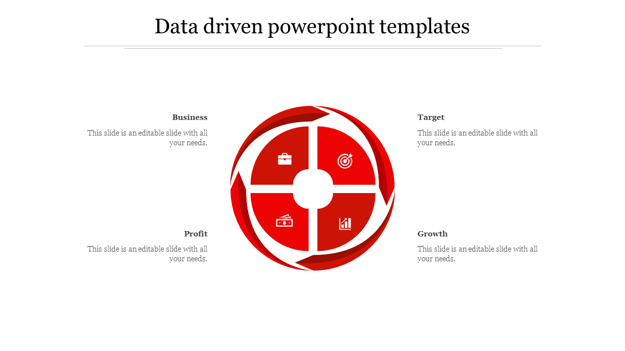 Red circular flow chart template with four sections Business, Profit, Target, and Growth, each labeled with an icon.