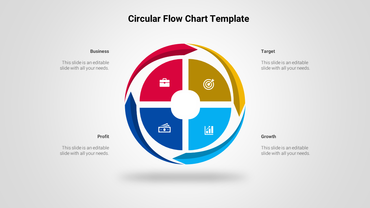 Circular chart template with four segments in red, yellow, blue, and navy, showing business milestones with related icons.