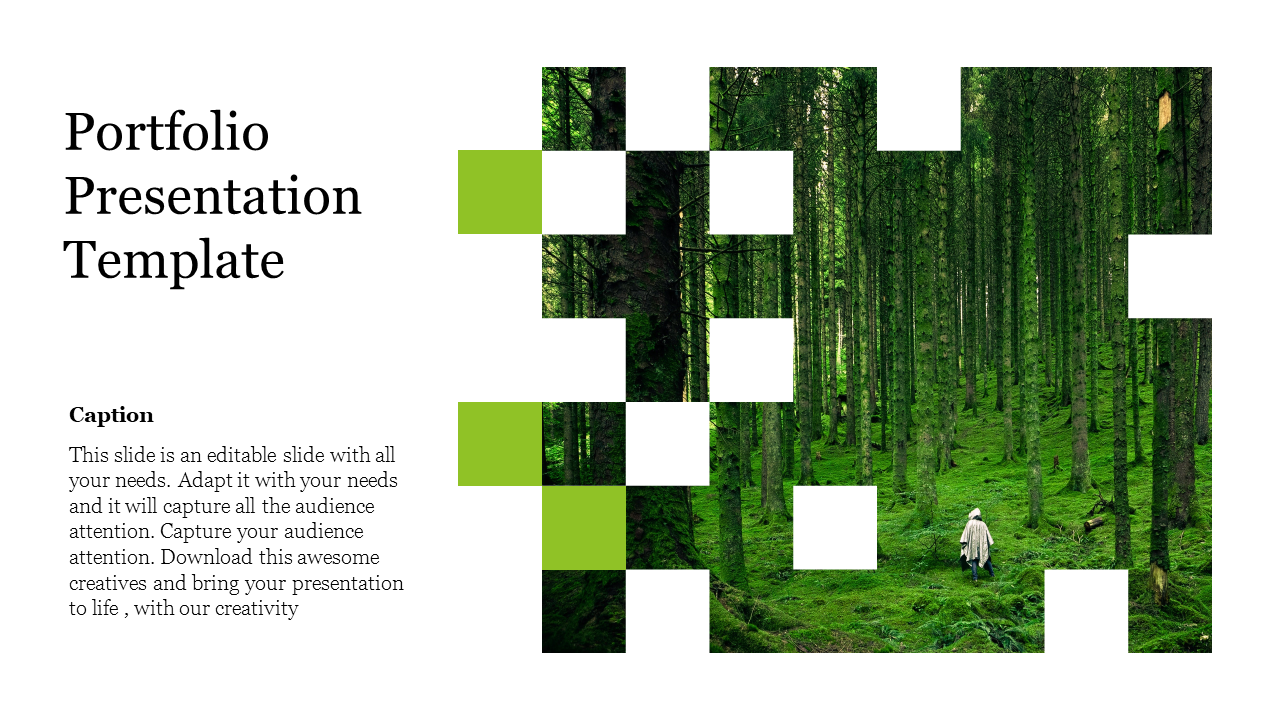 Portfolio slide featuring a grid like design showing a  green forest image and text on the left white section.