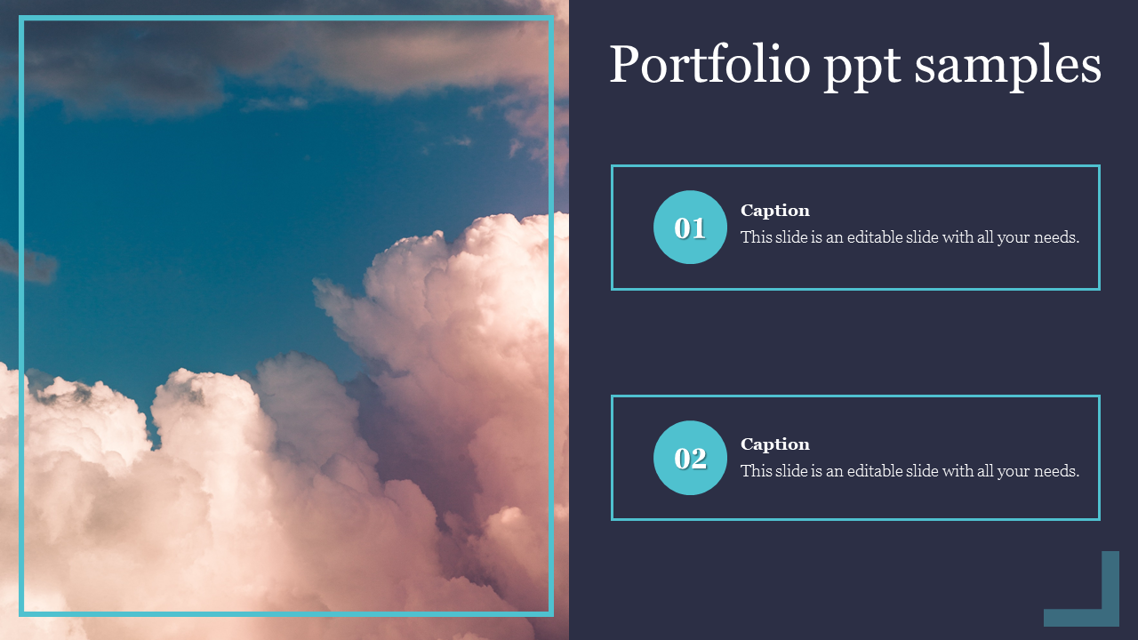 Portfolio template with a serene cloud background, two numbered sections for captions, and a minimalist design.