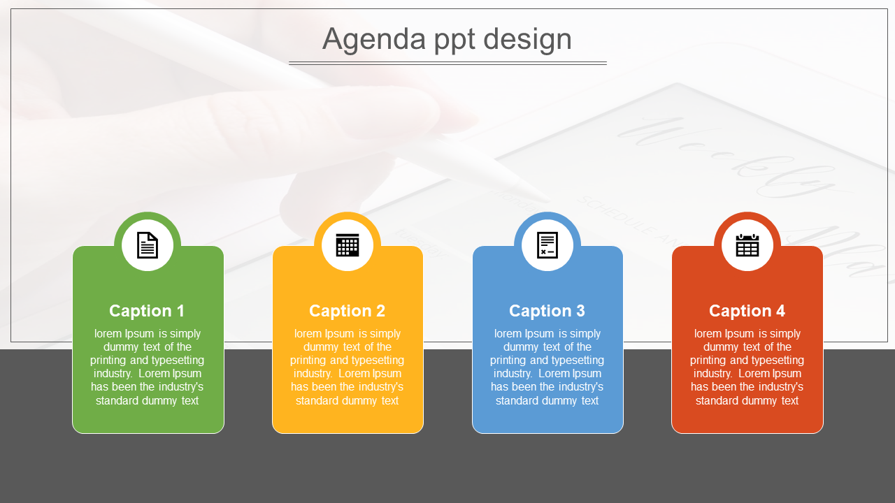 Agenda slide, each labeled with four caption areas and icons representing document, calculator, clipboard, and calendar.