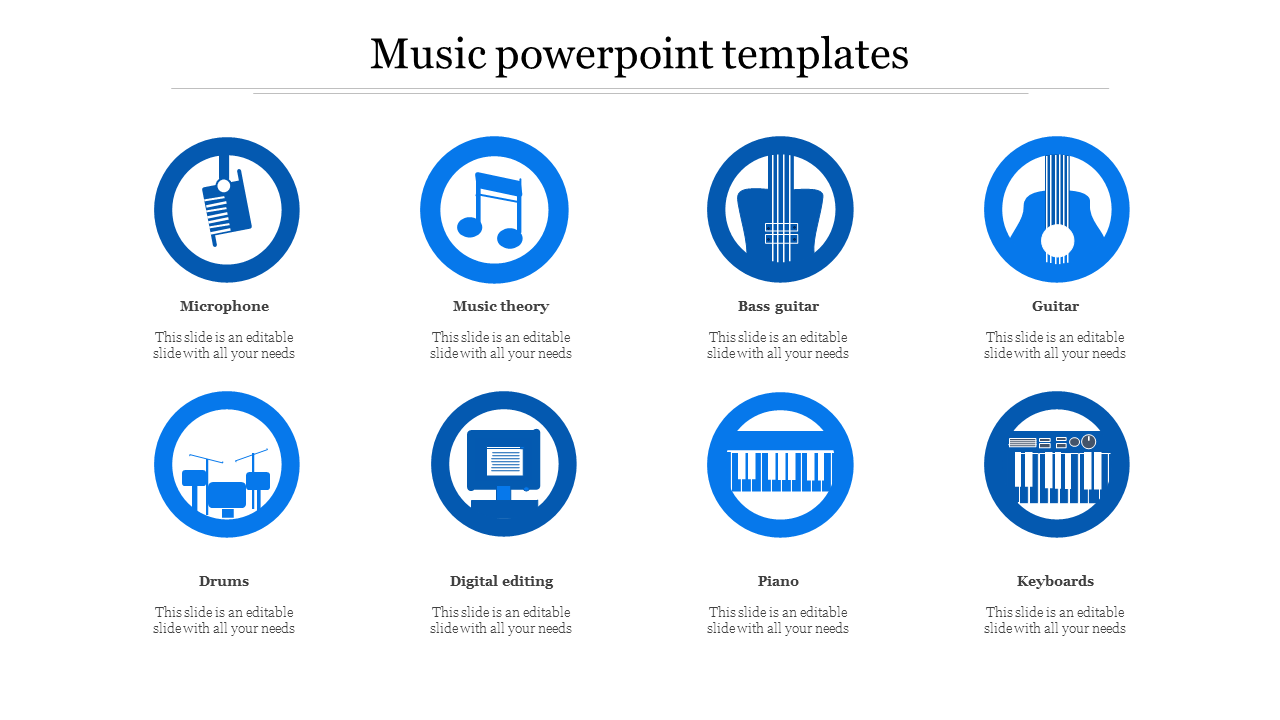 Music PowerPoint slide featuring icons from microphone to keyboards with icons and placeholder text.