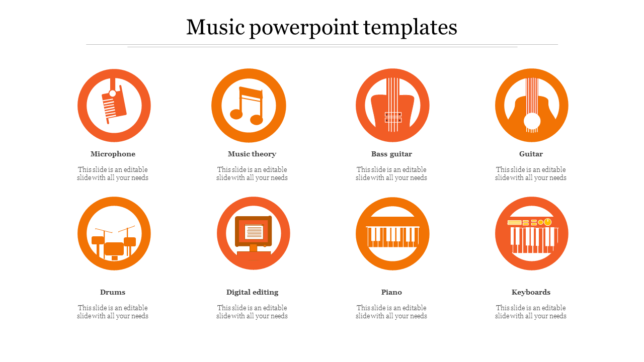 Music PowerPoint template featuring eight orange icons representing various music elements with placeholder text.