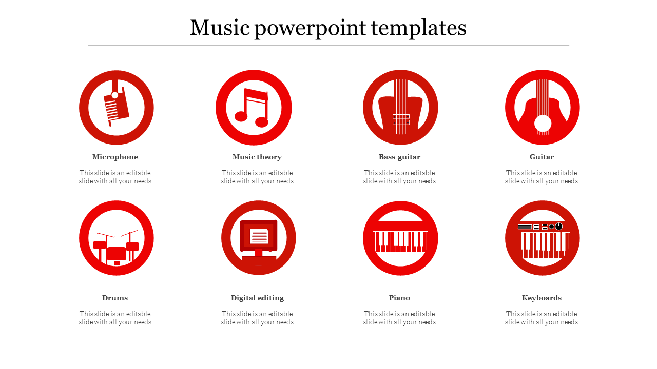 Music themed PowerPoint slide featuring eight red icons with captions.