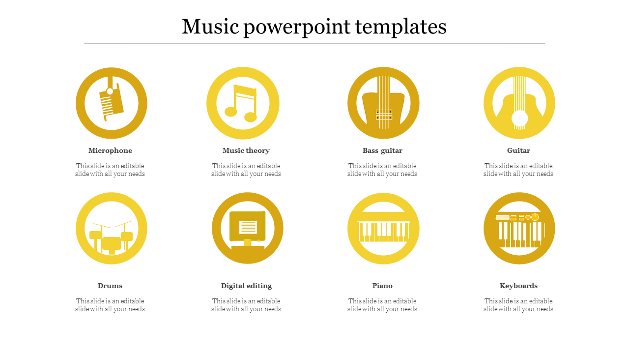 Music themed slide with eight circular yellow icons for different instruments and topics, arranged in a grid layout.