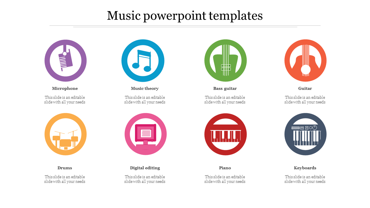 Template showcasing eight circular icons representing music concepts and tools, such as digital editing and keyboards.