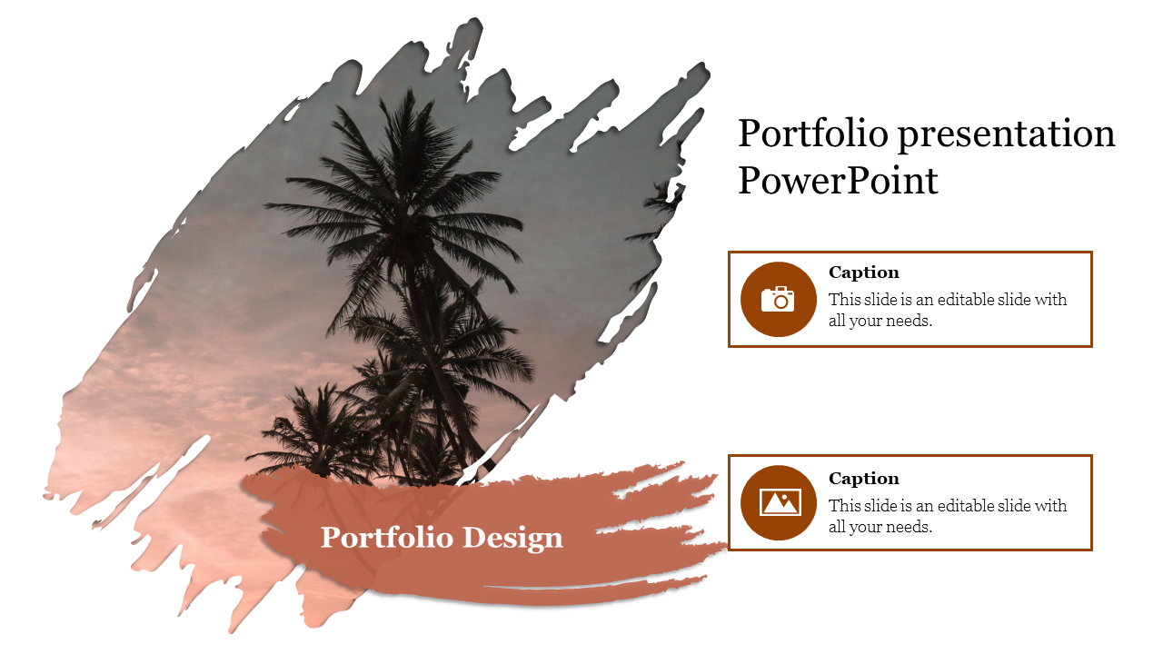 Portfolio design presentation slide with a palm tree silhouette and creative layout with captions and icons.