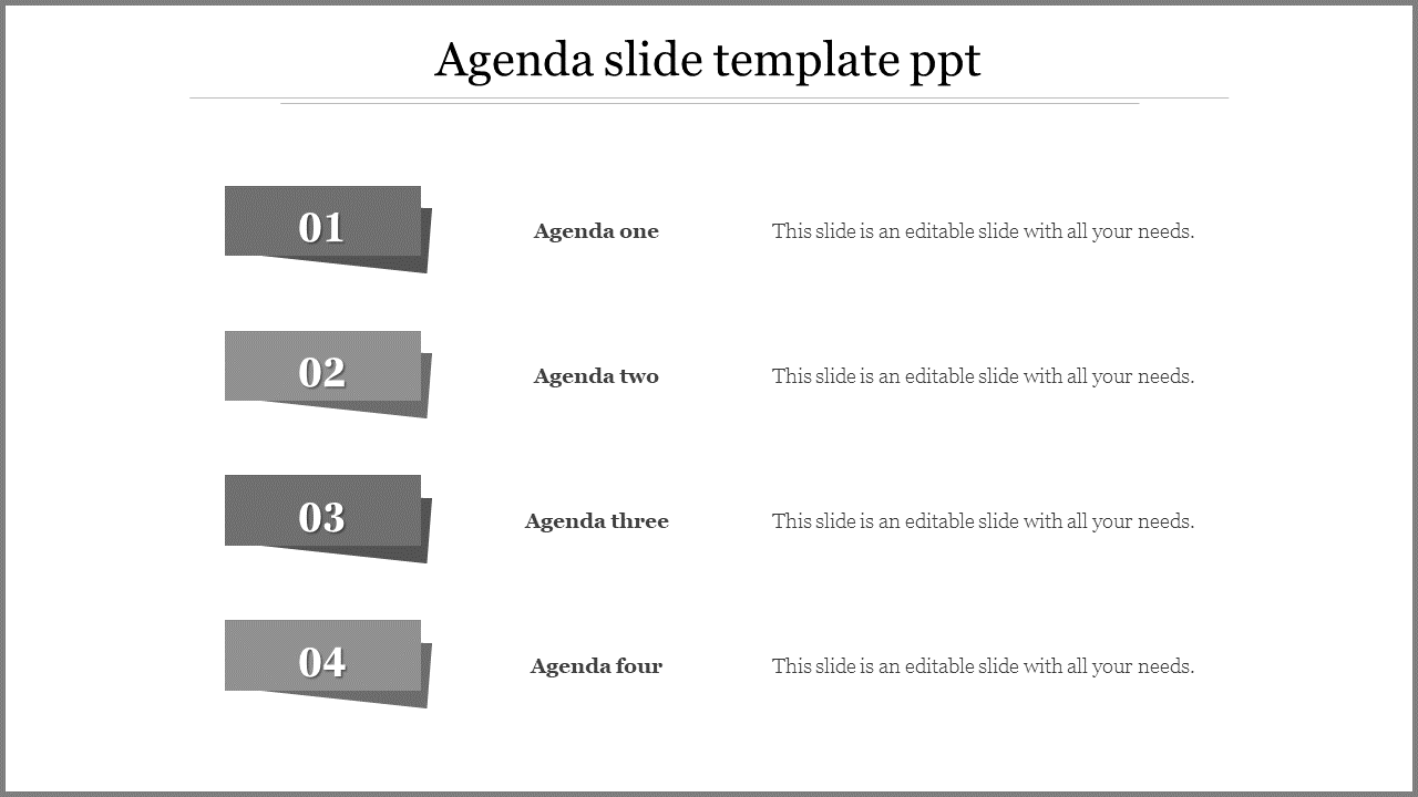 Template featuring four numbered gray agenda items with fold over design elements for a stylish look.