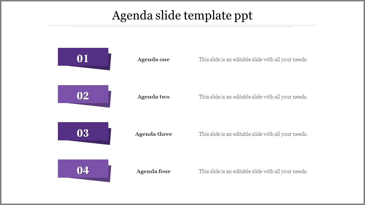 Agenda slide layout with four purple tabs and numbers from 01 to 04, listing sections in a clean design.