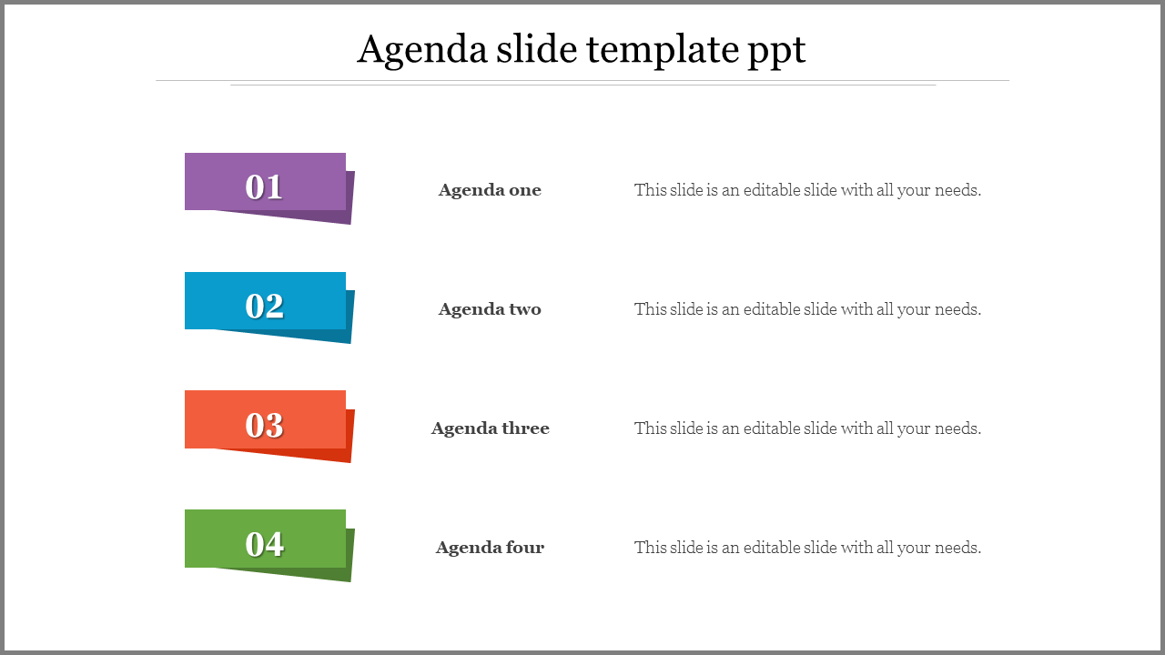 Colorful agenda slide with numbered sections for four items, each with text placeholders.